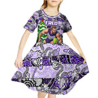 Custom Freo Rugby Merry Christmas Kid Short Sleeve Dress Indigenous Australian Art