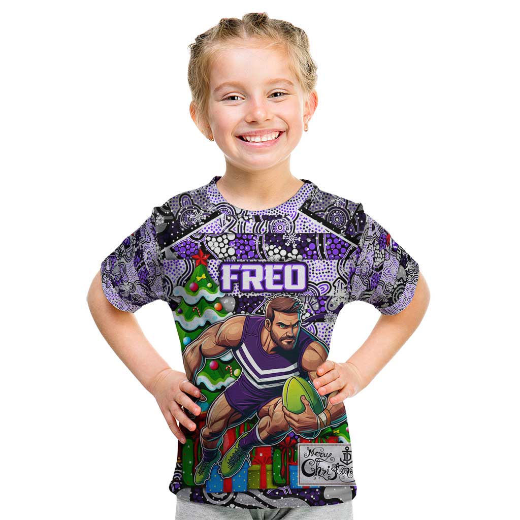Custom Freo Rugby Merry Christmas Kid T Shirt Indigenous Australian Art