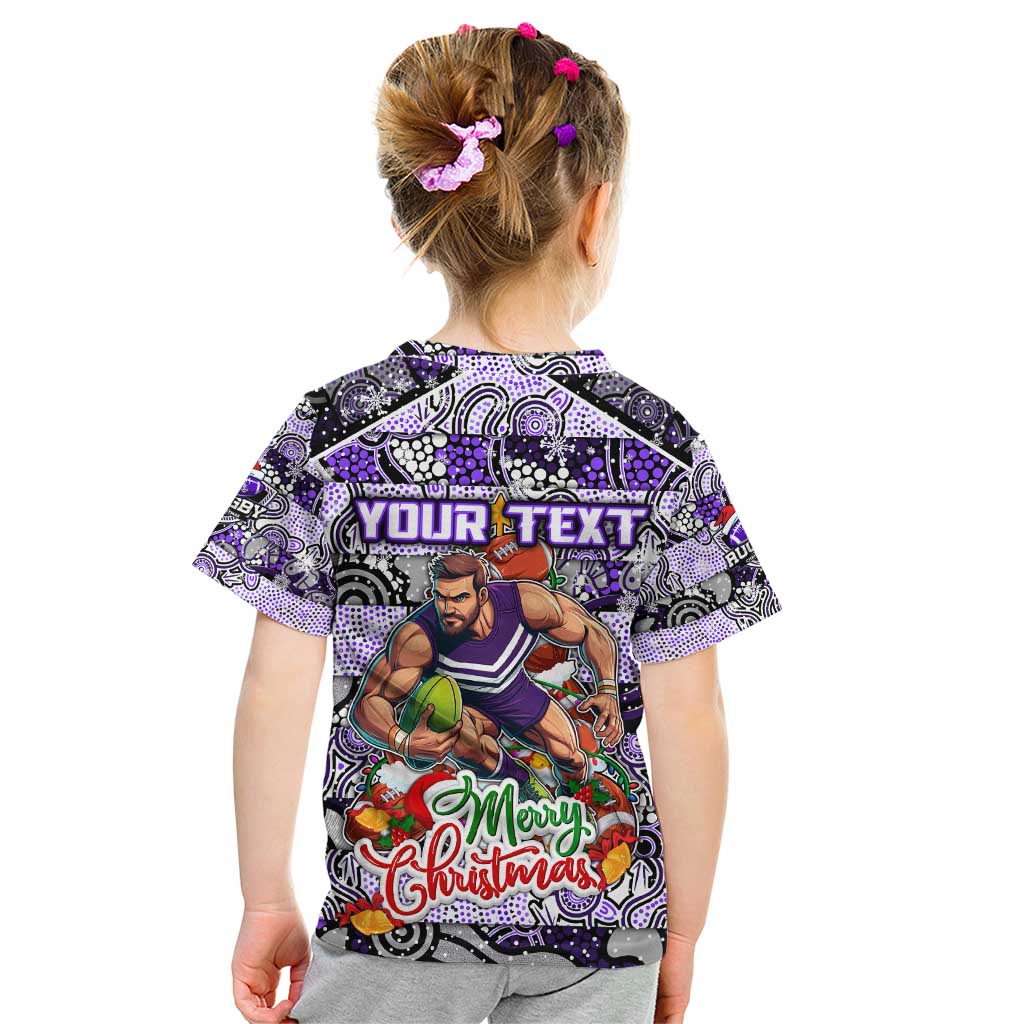 Custom Freo Rugby Merry Christmas Kid T Shirt Indigenous Australian Art