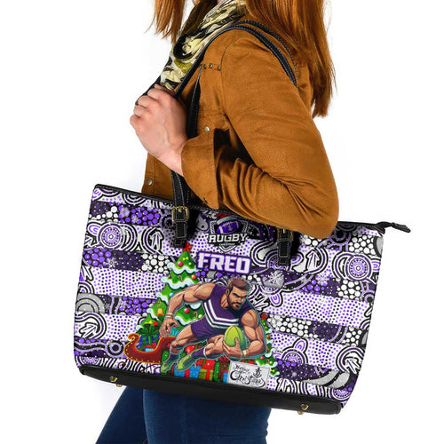 Freo Football Merry Christmas Leather Tote Bag Indigenous Australian Art