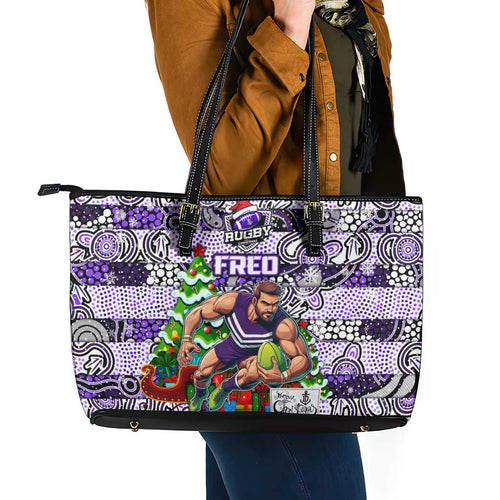 Freo Football Merry Christmas Leather Tote Bag Indigenous Australian Art