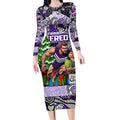 Custom Freo Rugby Merry Christmas Long Sleeve Bodycon Dress Indigenous Australian Art