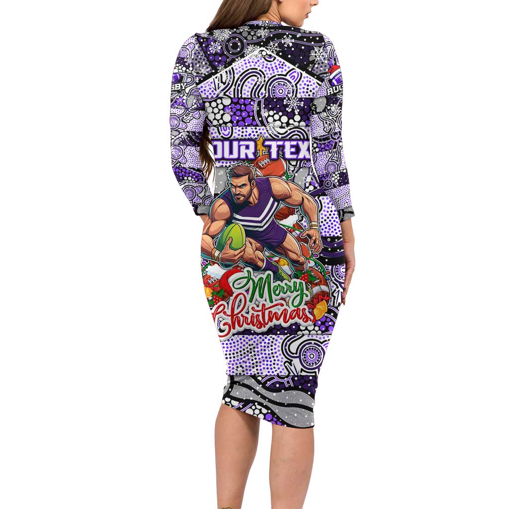 Custom Freo Rugby Merry Christmas Long Sleeve Bodycon Dress Indigenous Australian Art