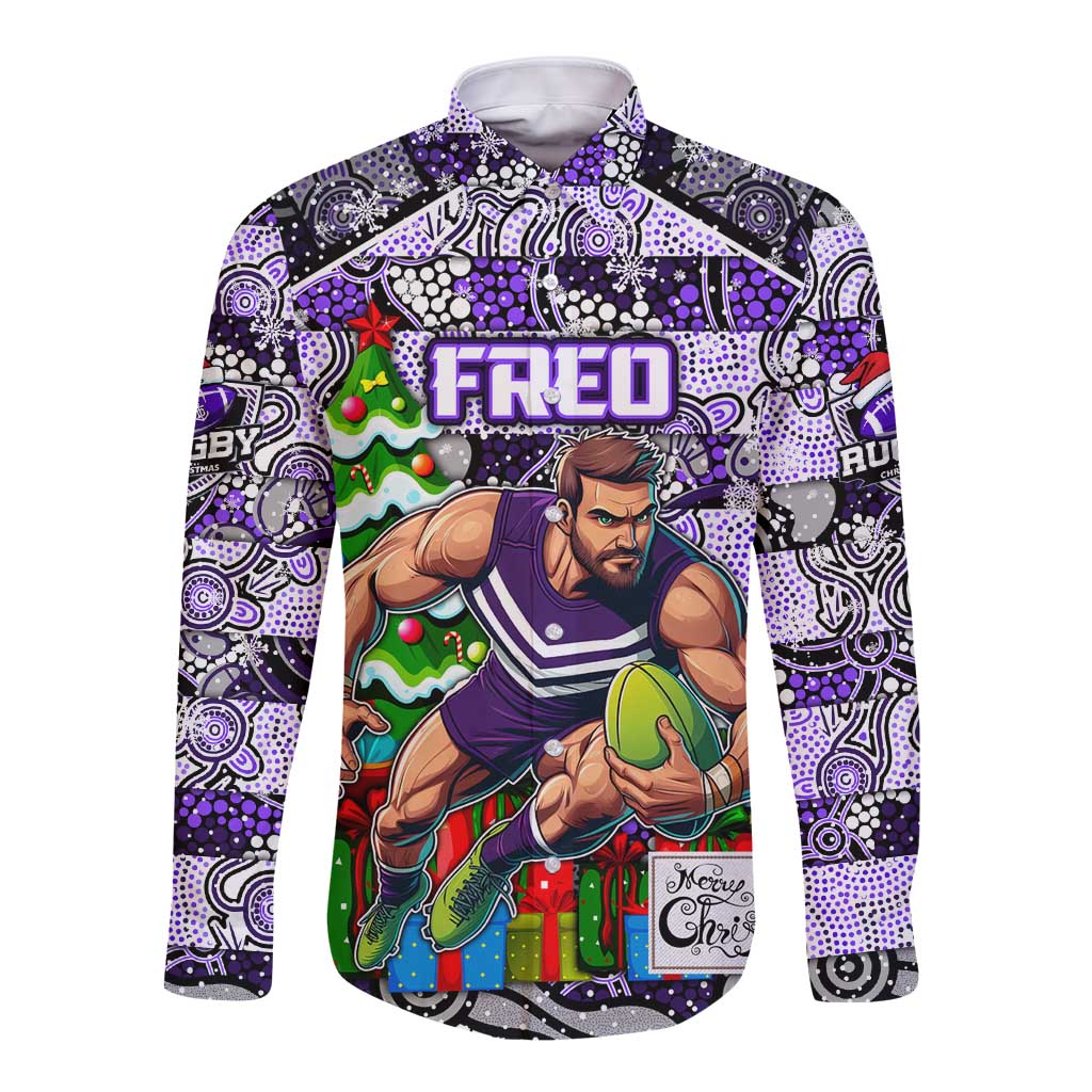 Custom Freo Rugby Merry Christmas Long Sleeve Button Shirt Indigenous Australian Art
