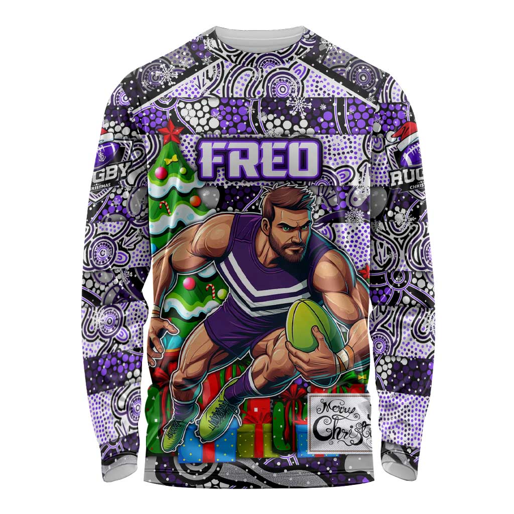 Custom Freo Rugby Merry Christmas Long Sleeve Shirt Indigenous Australian Art