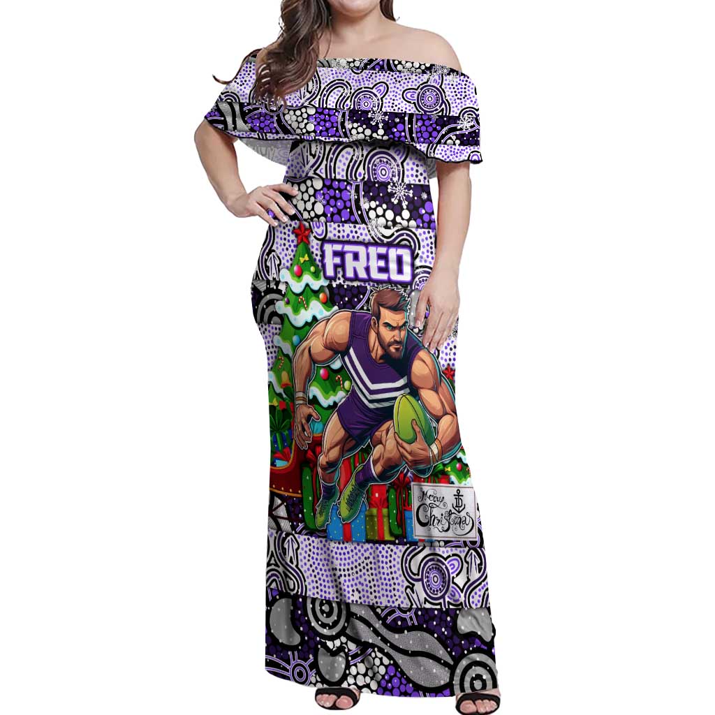 Custom Freo Rugby Merry Christmas Off Shoulder Maxi Dress Indigenous Australian Art