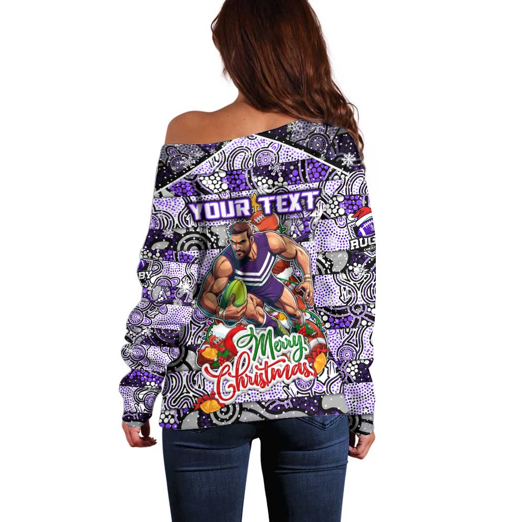 Custom Freo Rugby Merry Christmas Off Shoulder Sweater Indigenous Australian Art