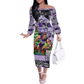 Custom Freo Rugby Merry Christmas Off The Shoulder Long Sleeve Dress Indigenous Australian Art