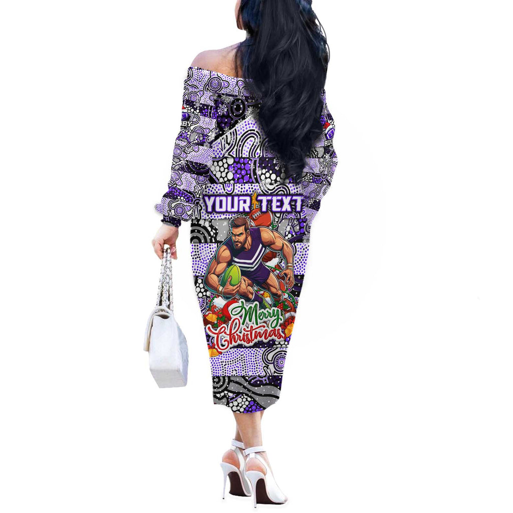 Custom Freo Rugby Merry Christmas Off The Shoulder Long Sleeve Dress Indigenous Australian Art