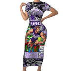 Custom Freo Rugby Merry Christmas Short Sleeve Bodycon Dress Indigenous Australian Art