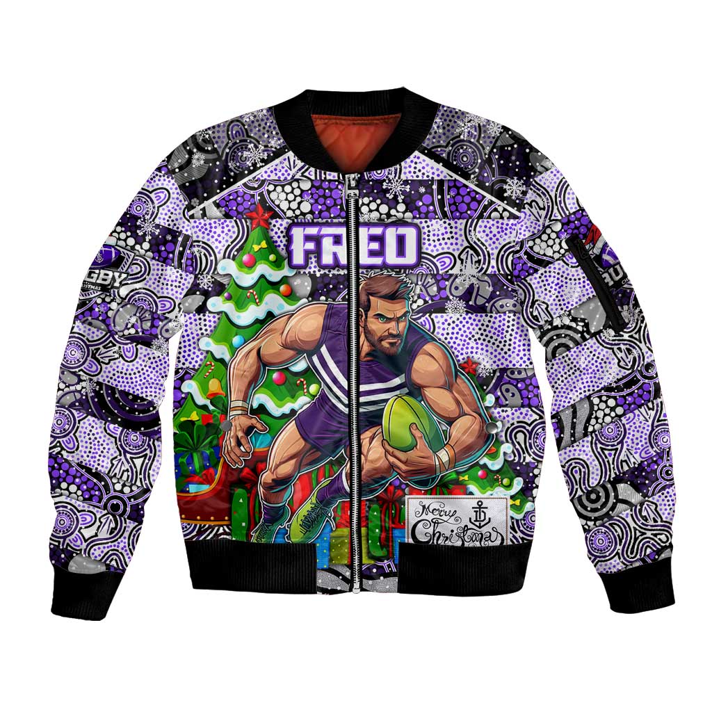 Custom Freo Rugby Merry Christmas Sleeve Zip Bomber Jacket Indigenous Australian Art