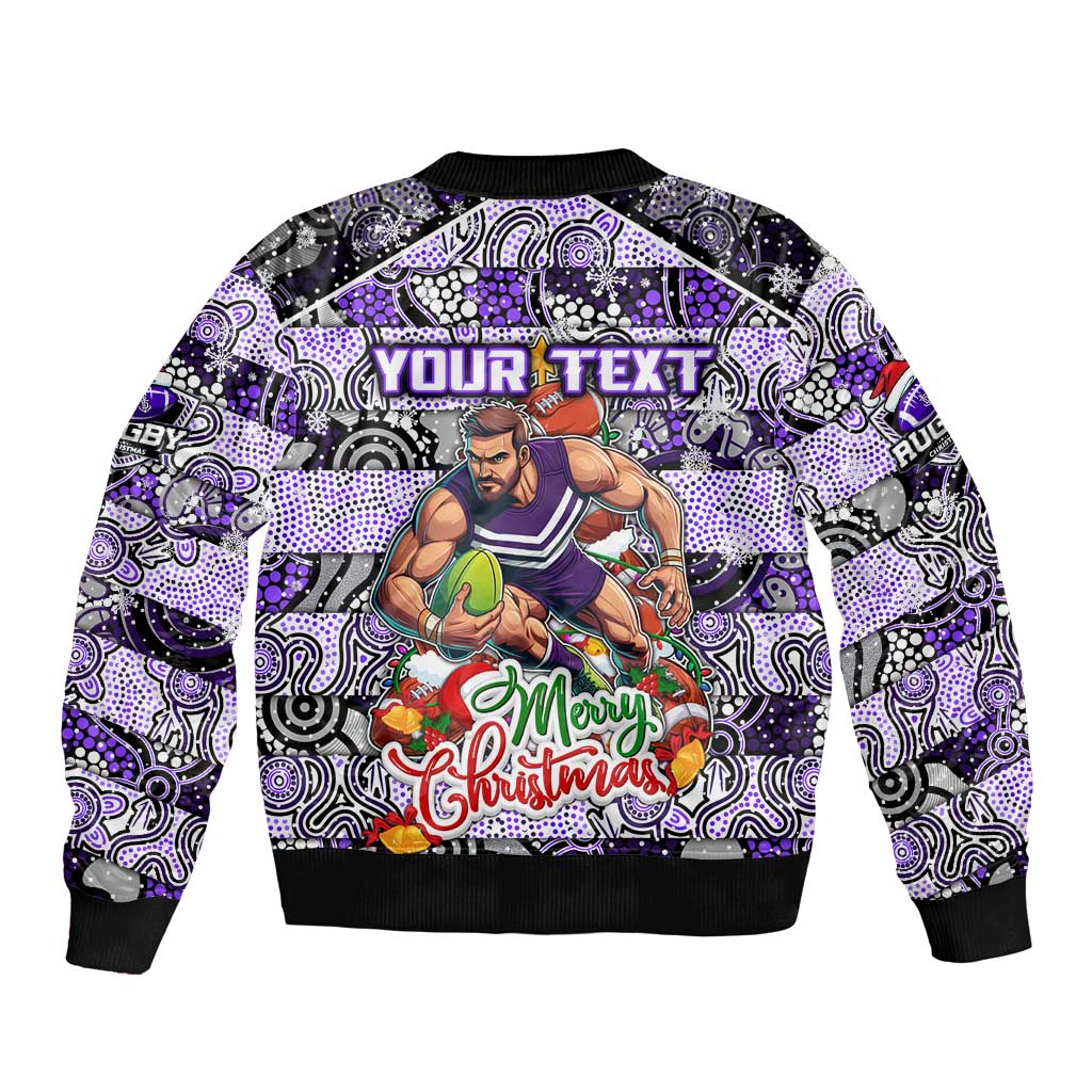 Custom Freo Rugby Merry Christmas Sleeve Zip Bomber Jacket Indigenous Australian Art