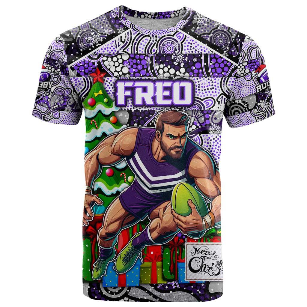 Custom Freo Rugby Merry Christmas T Shirt Indigenous Australian Art