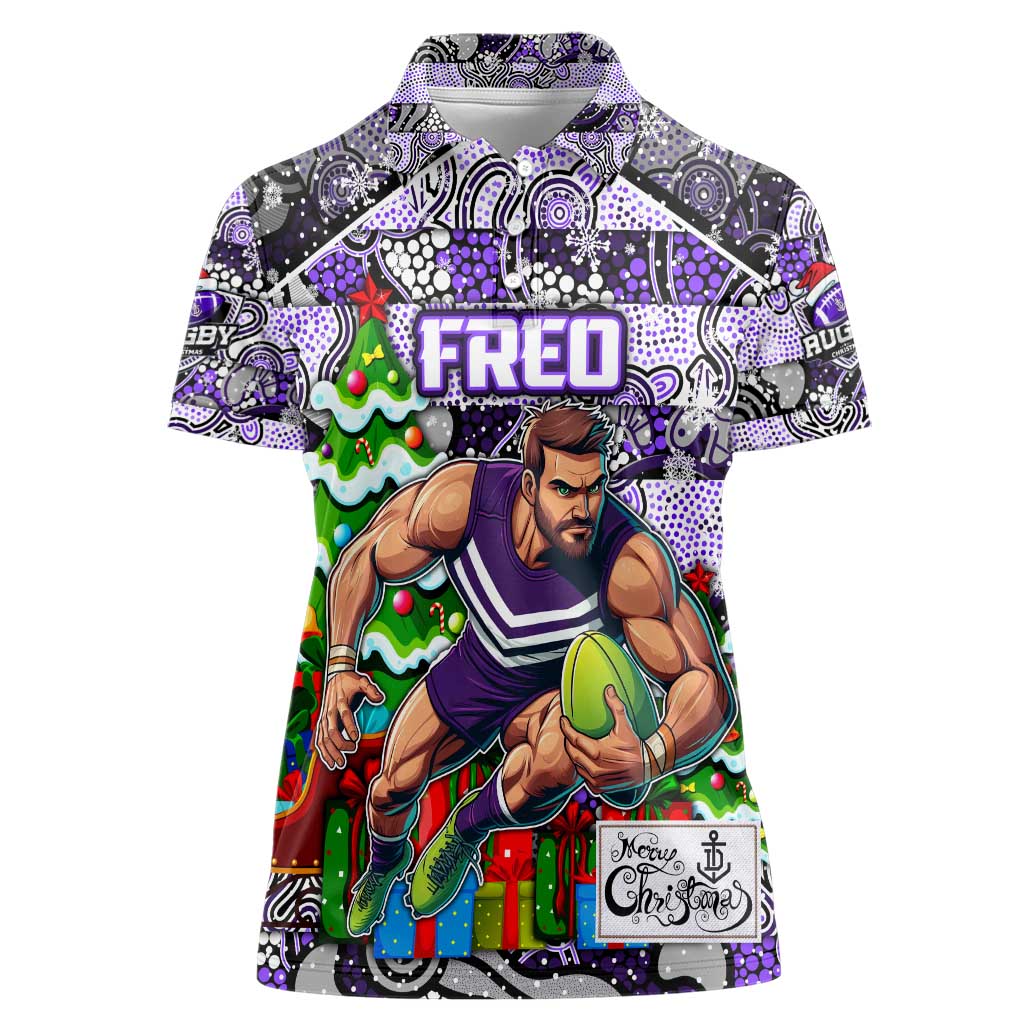 Custom Freo Rugby Merry Christmas Women Polo Shirt Indigenous Australian Art