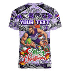 Custom Freo Rugby Merry Christmas Women V-Neck T-Shirt Indigenous Australian Art