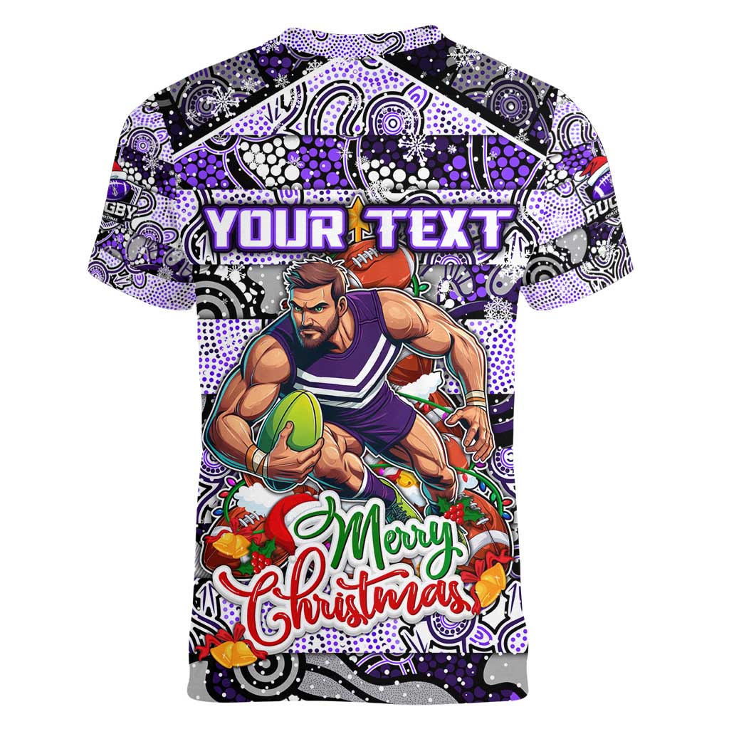 Custom Freo Rugby Merry Christmas Women V-Neck T-Shirt Indigenous Australian Art