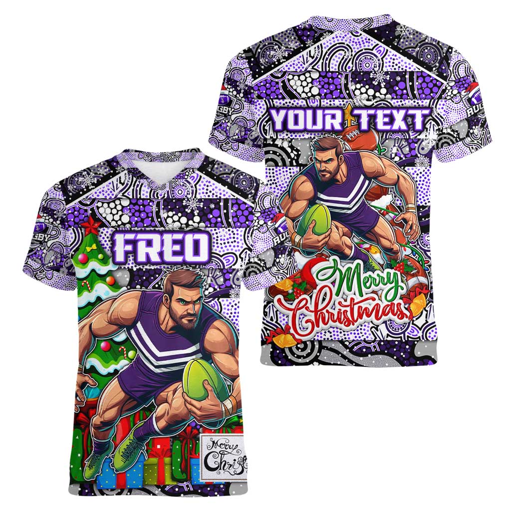Custom Freo Rugby Merry Christmas Women V-Neck T-Shirt Indigenous Australian Art