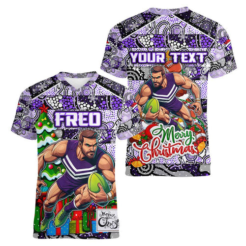 Custom Freo Rugby Merry Christmas Women V-Neck T-Shirt Indigenous Australian Art