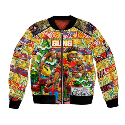 Custom Suns Rugby Merry Christmas Bomber Jacket Indigenous Australian Art