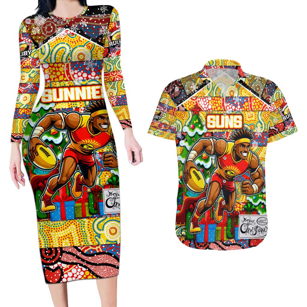 Custom Suns Rugby Merry Christmas Couples Matching Long Sleeve Bodycon Dress and Hawaiian Shirt Indigenous Australian Art