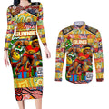 Custom Suns Rugby Merry Christmas Couples Matching Long Sleeve Bodycon Dress and Long Sleeve Button Shirt Indigenous Australian Art