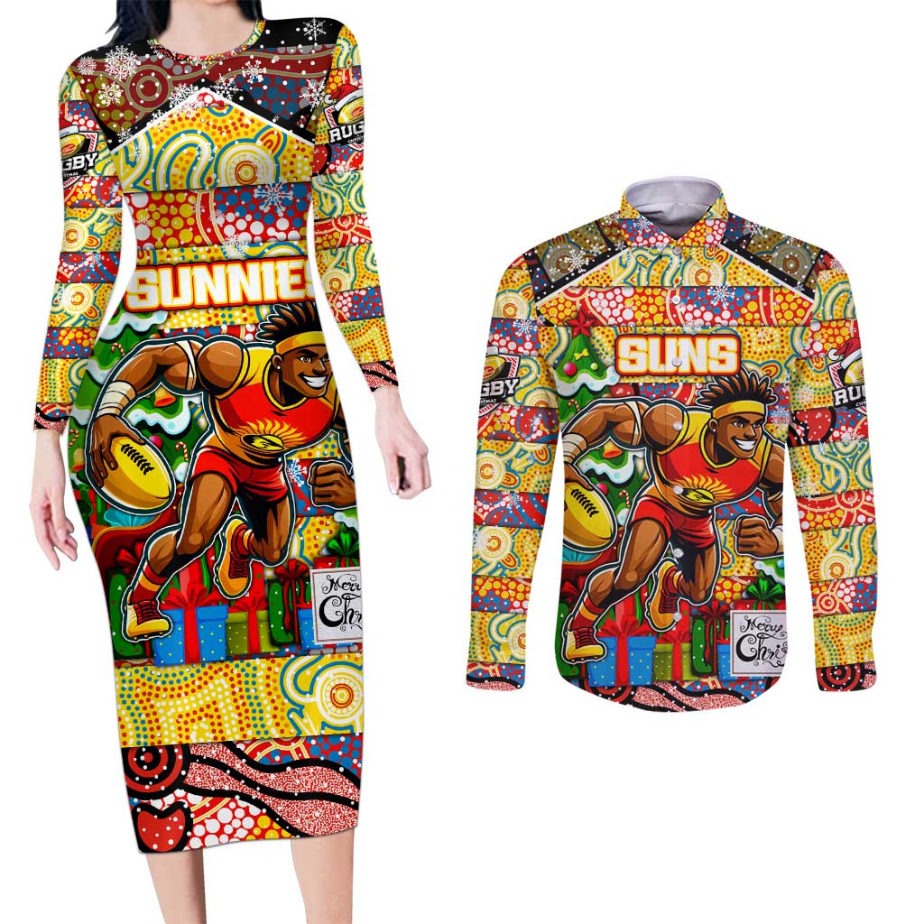 Custom Suns Rugby Merry Christmas Couples Matching Long Sleeve Bodycon Dress and Long Sleeve Button Shirt Indigenous Australian Art