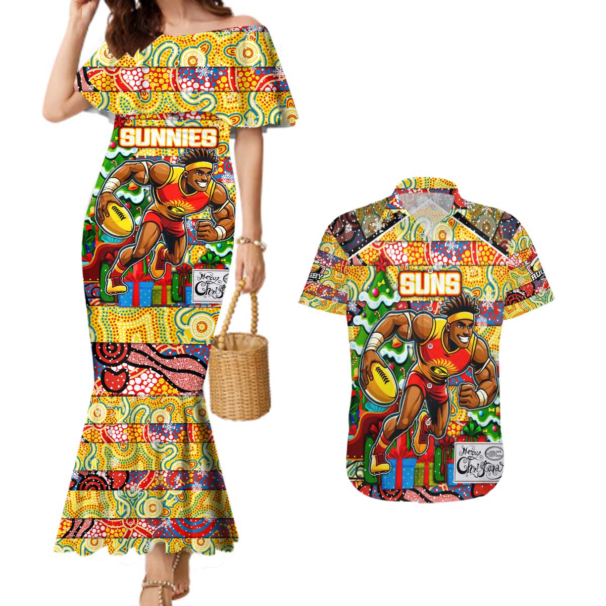 Custom Suns Rugby Merry Christmas Couples Matching Mermaid Dress and Hawaiian Shirt Indigenous Australian Art