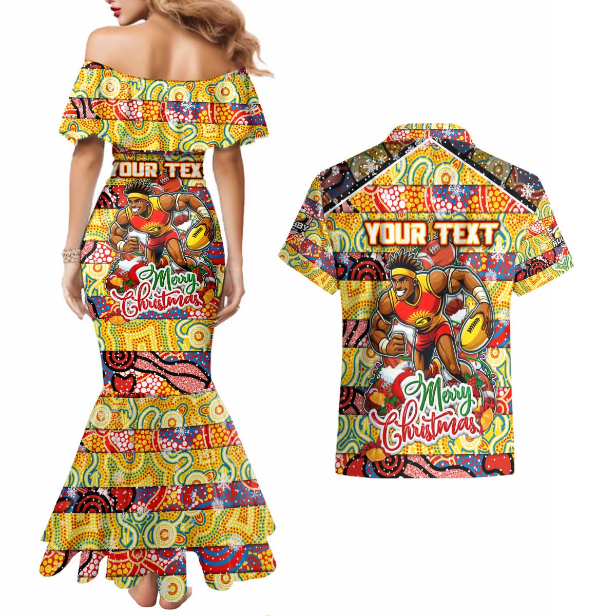 Custom Suns Rugby Merry Christmas Couples Matching Mermaid Dress and Hawaiian Shirt Indigenous Australian Art