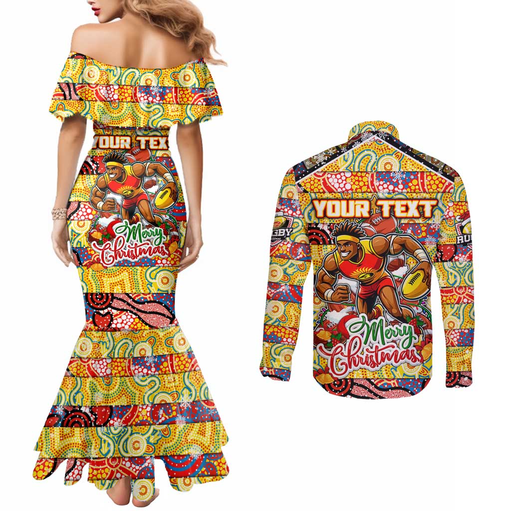 Custom Suns Rugby Merry Christmas Couples Matching Mermaid Dress and Long Sleeve Button Shirt Indigenous Australian Art