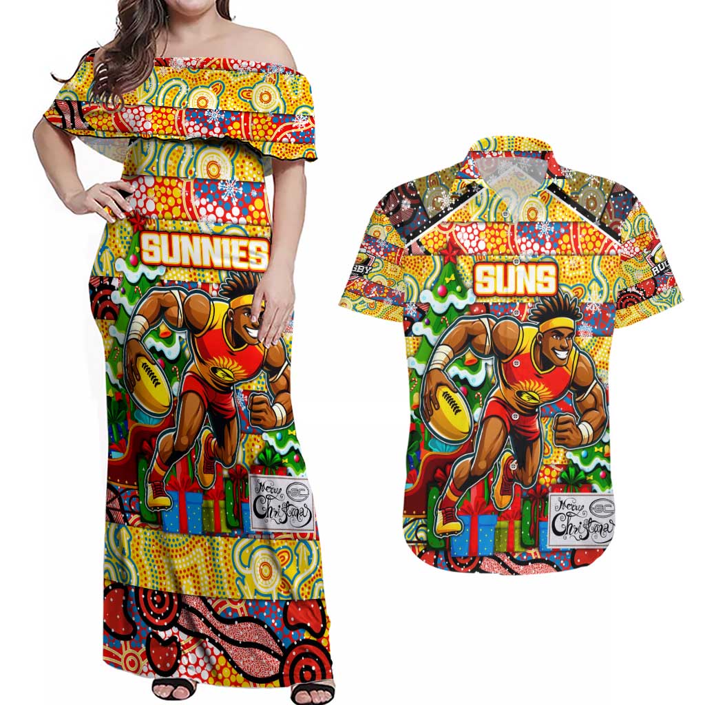 Custom Suns Rugby Merry Christmas Couples Matching Off Shoulder Maxi Dress and Hawaiian Shirt Indigenous Australian Art