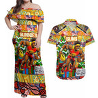 Custom Suns Rugby Merry Christmas Couples Matching Off Shoulder Maxi Dress and Hawaiian Shirt Indigenous Australian Art