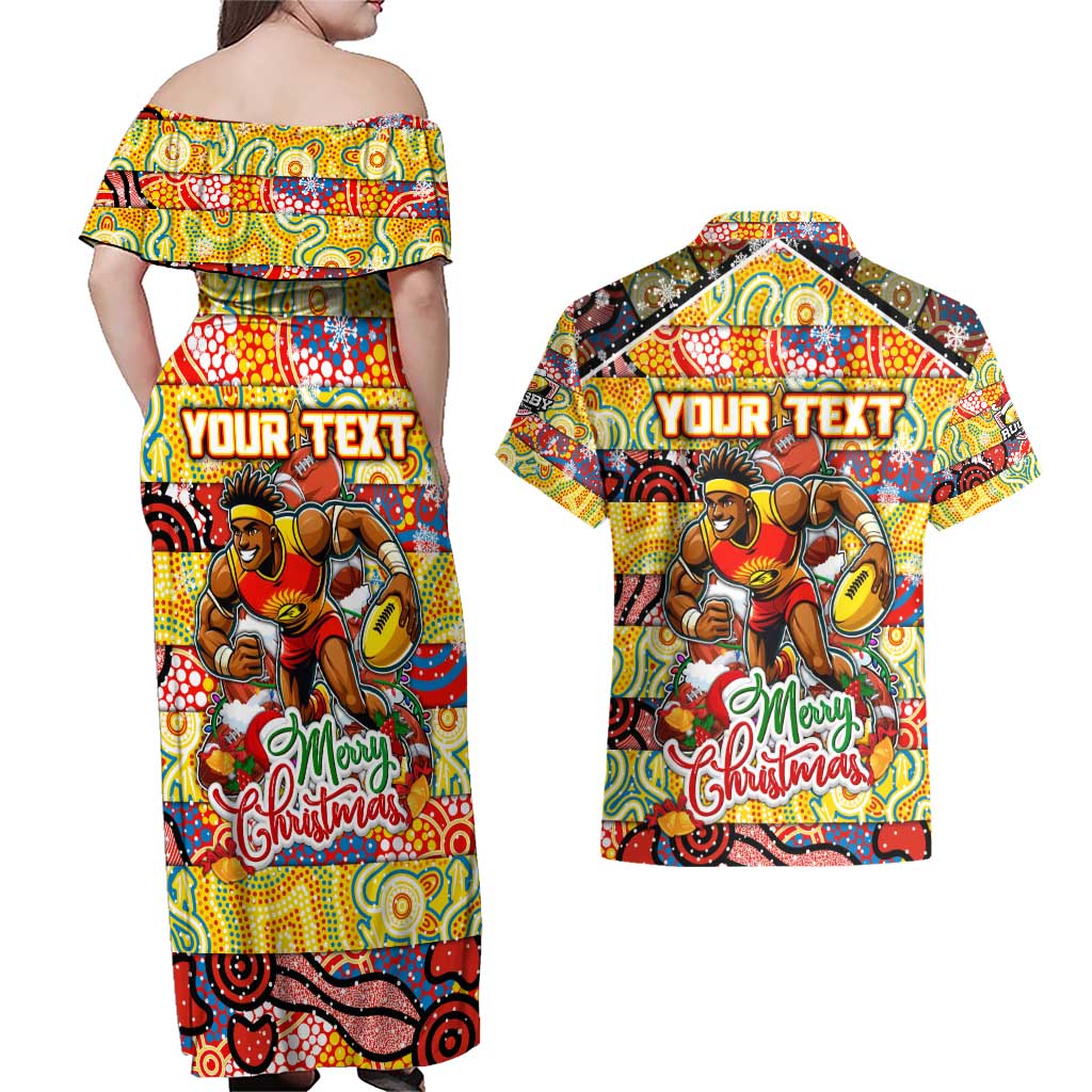 Custom Suns Rugby Merry Christmas Couples Matching Off Shoulder Maxi Dress and Hawaiian Shirt Indigenous Australian Art