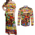 Custom Suns Rugby Merry Christmas Couples Matching Off Shoulder Maxi Dress and Long Sleeve Button Shirt Indigenous Australian Art