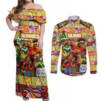 Custom Suns Rugby Merry Christmas Couples Matching Off Shoulder Maxi Dress and Long Sleeve Button Shirt Indigenous Australian Art