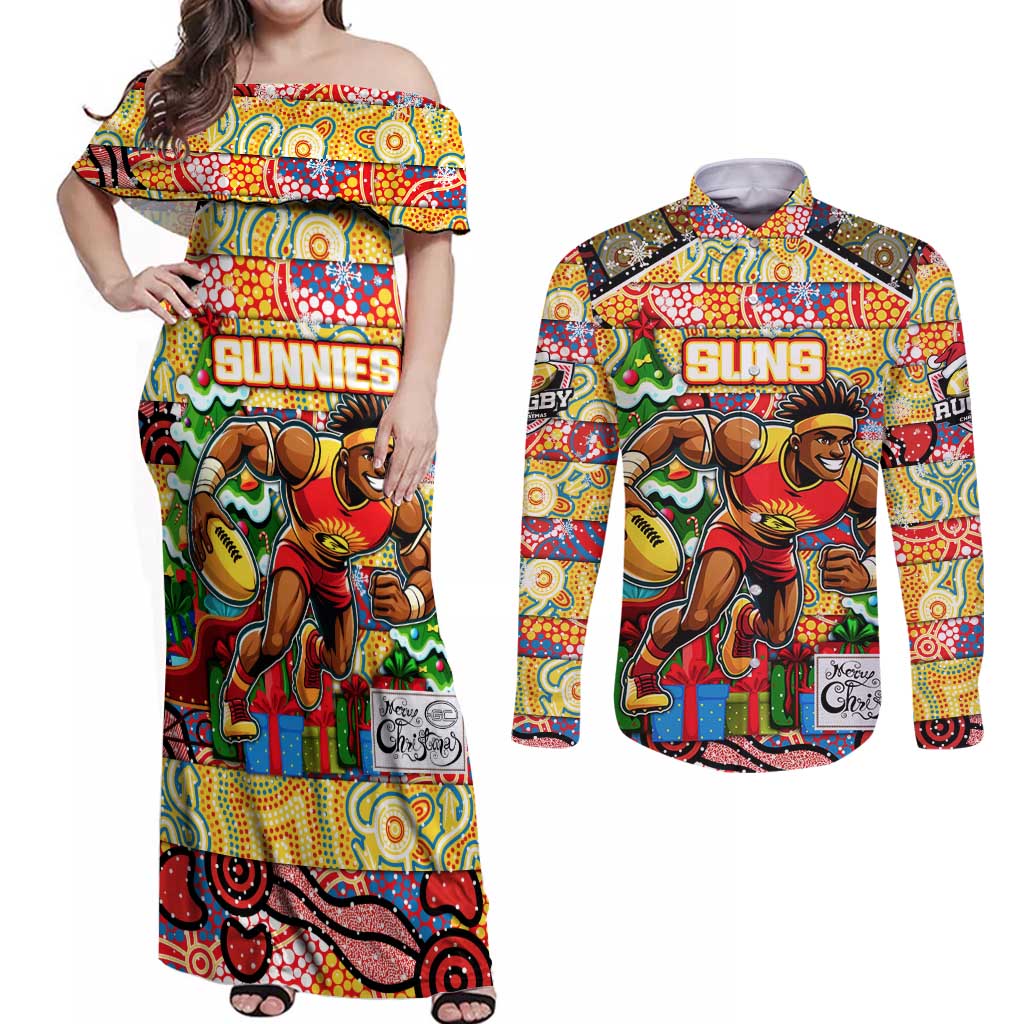 Custom Suns Rugby Merry Christmas Couples Matching Off Shoulder Maxi Dress and Long Sleeve Button Shirt Indigenous Australian Art