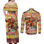 Custom Suns Rugby Merry Christmas Couples Matching Off Shoulder Maxi Dress and Long Sleeve Button Shirt Indigenous Australian Art
