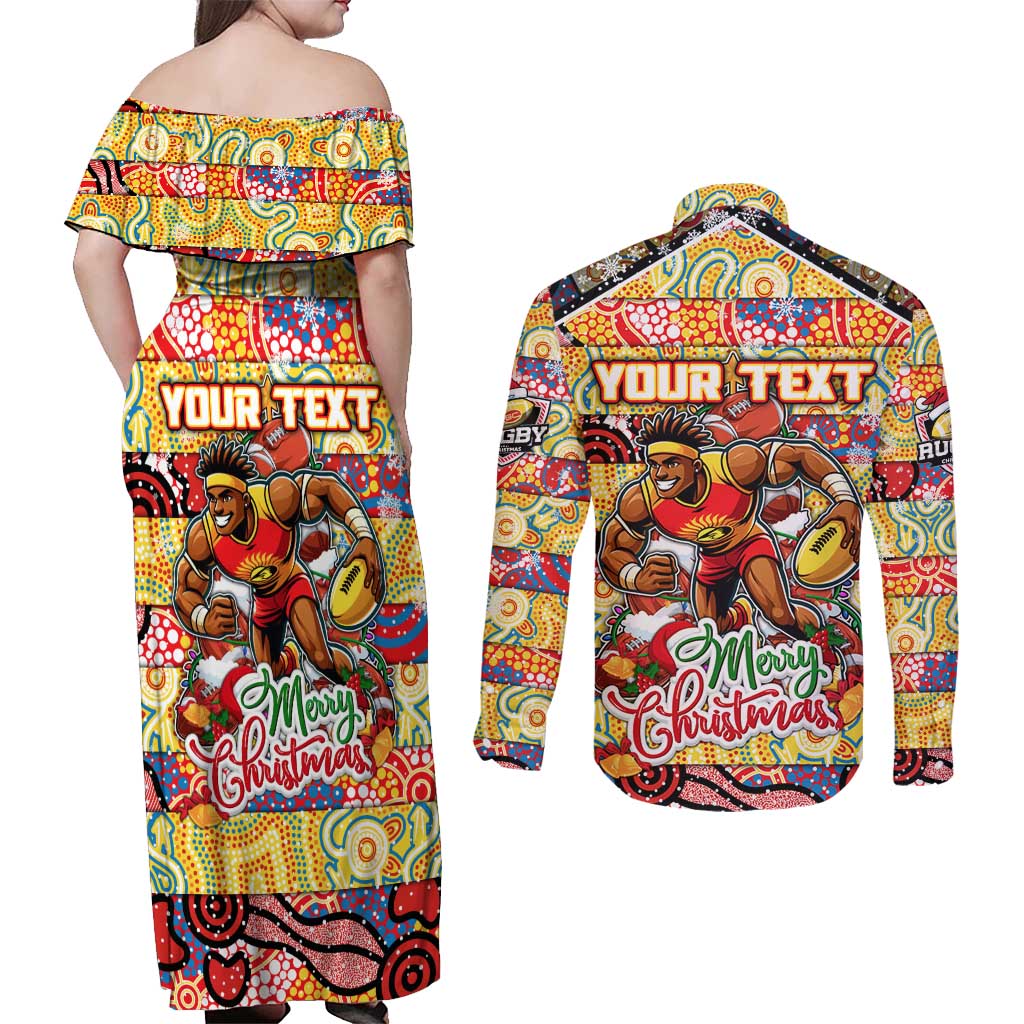 Custom Suns Rugby Merry Christmas Couples Matching Off Shoulder Maxi Dress and Long Sleeve Button Shirt Indigenous Australian Art