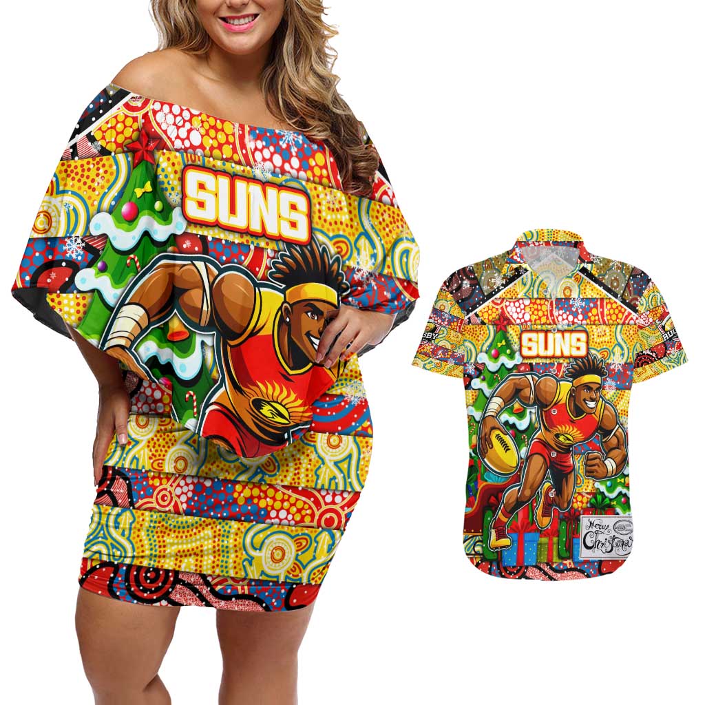 Custom Suns Rugby Merry Christmas Couples Matching Off Shoulder Short Dress and Hawaiian Shirt Indigenous Australian Art