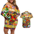 Custom Suns Rugby Merry Christmas Couples Matching Off Shoulder Short Dress and Hawaiian Shirt Indigenous Australian Art