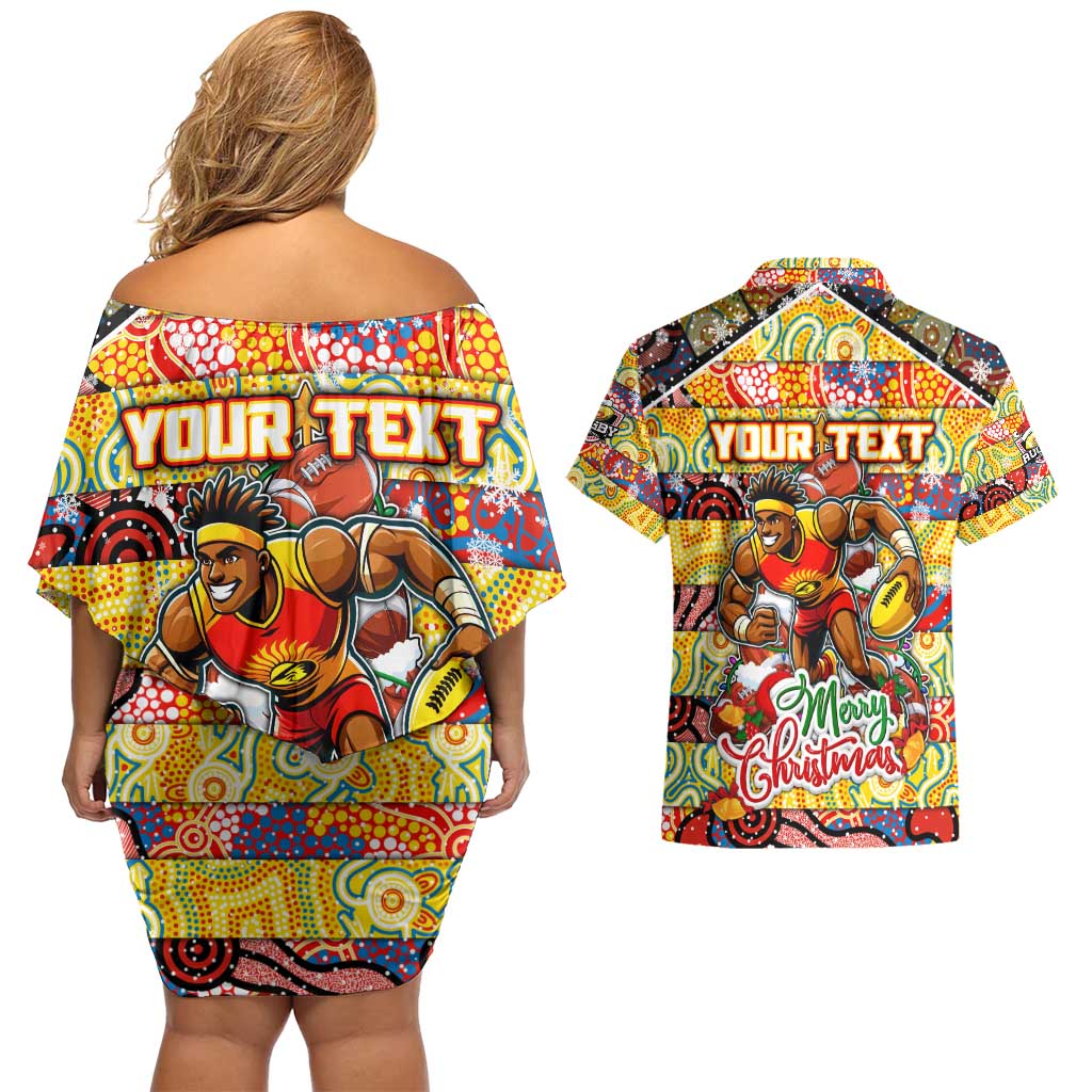 Custom Suns Rugby Merry Christmas Couples Matching Off Shoulder Short Dress and Hawaiian Shirt Indigenous Australian Art