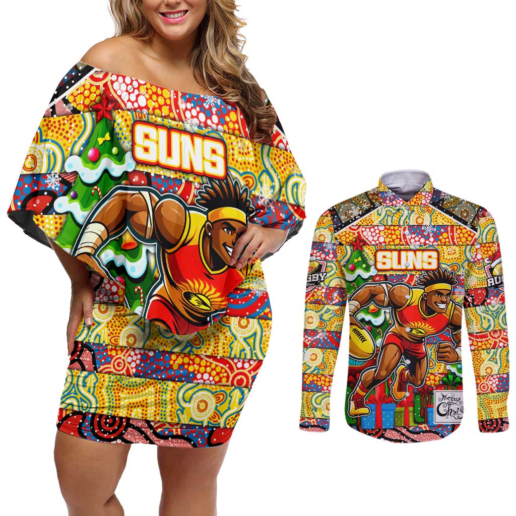 Custom Suns Rugby Merry Christmas Couples Matching Off Shoulder Short Dress and Long Sleeve Button Shirt Indigenous Australian Art