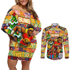 Custom Suns Rugby Merry Christmas Couples Matching Off Shoulder Short Dress and Long Sleeve Button Shirt Indigenous Australian Art