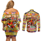 Custom Suns Rugby Merry Christmas Couples Matching Off Shoulder Short Dress and Long Sleeve Button Shirt Indigenous Australian Art