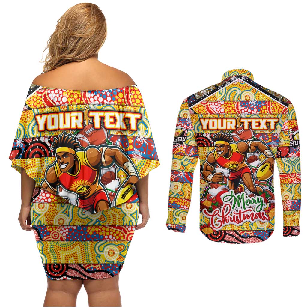 Custom Suns Rugby Merry Christmas Couples Matching Off Shoulder Short Dress and Long Sleeve Button Shirt Indigenous Australian Art