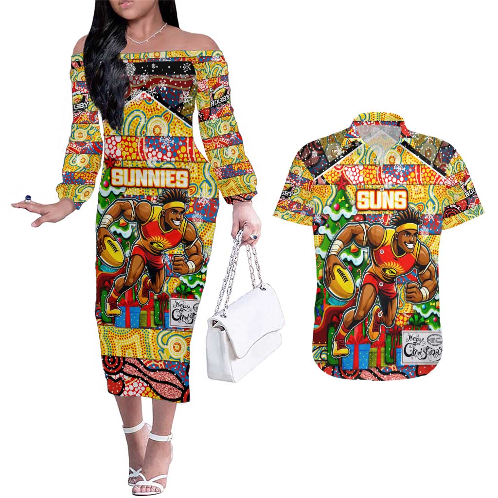 Custom Suns Rugby Merry Christmas Couples Matching Off The Shoulder Long Sleeve Dress and Hawaiian Shirt Indigenous Australian Art