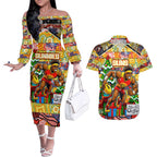 Custom Suns Rugby Merry Christmas Couples Matching Off The Shoulder Long Sleeve Dress and Hawaiian Shirt Indigenous Australian Art