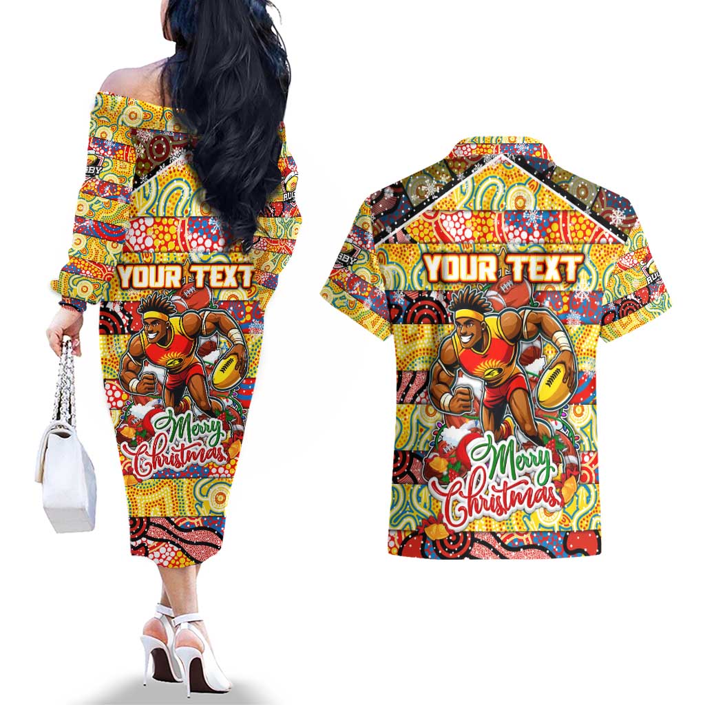Custom Suns Rugby Merry Christmas Couples Matching Off The Shoulder Long Sleeve Dress and Hawaiian Shirt Indigenous Australian Art