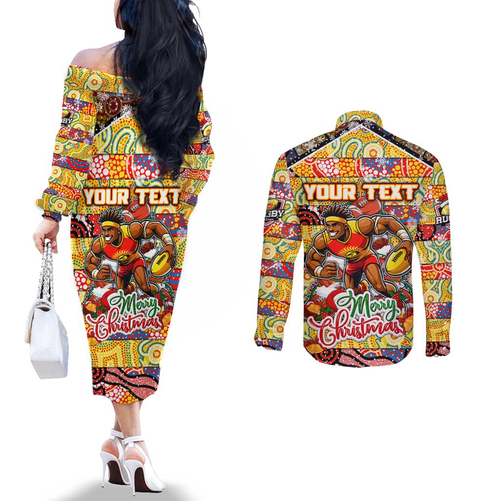 Custom Suns Rugby Merry Christmas Couples Matching Off The Shoulder Long Sleeve Dress and Long Sleeve Button Shirt Indigenous Australian Art
