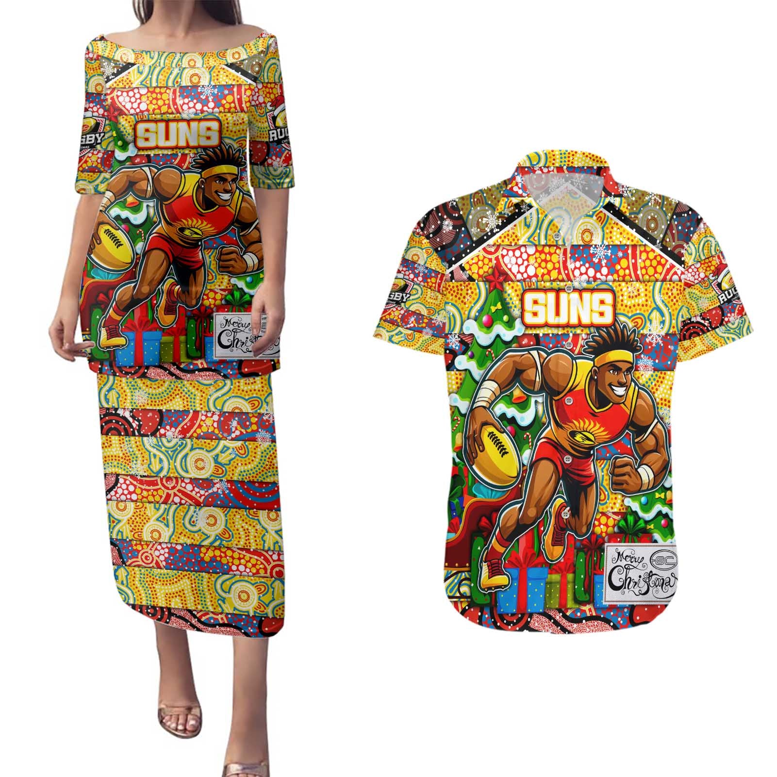 Custom Suns Rugby Merry Christmas Couples Matching Puletasi and Hawaiian Shirt Indigenous Australian Art