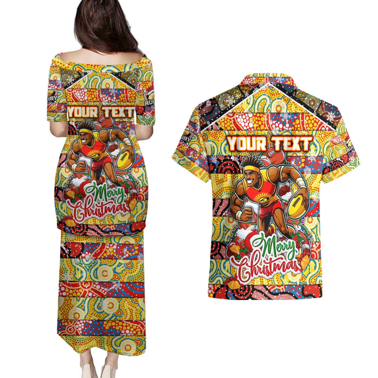 Custom Suns Rugby Merry Christmas Couples Matching Puletasi and Hawaiian Shirt Indigenous Australian Art